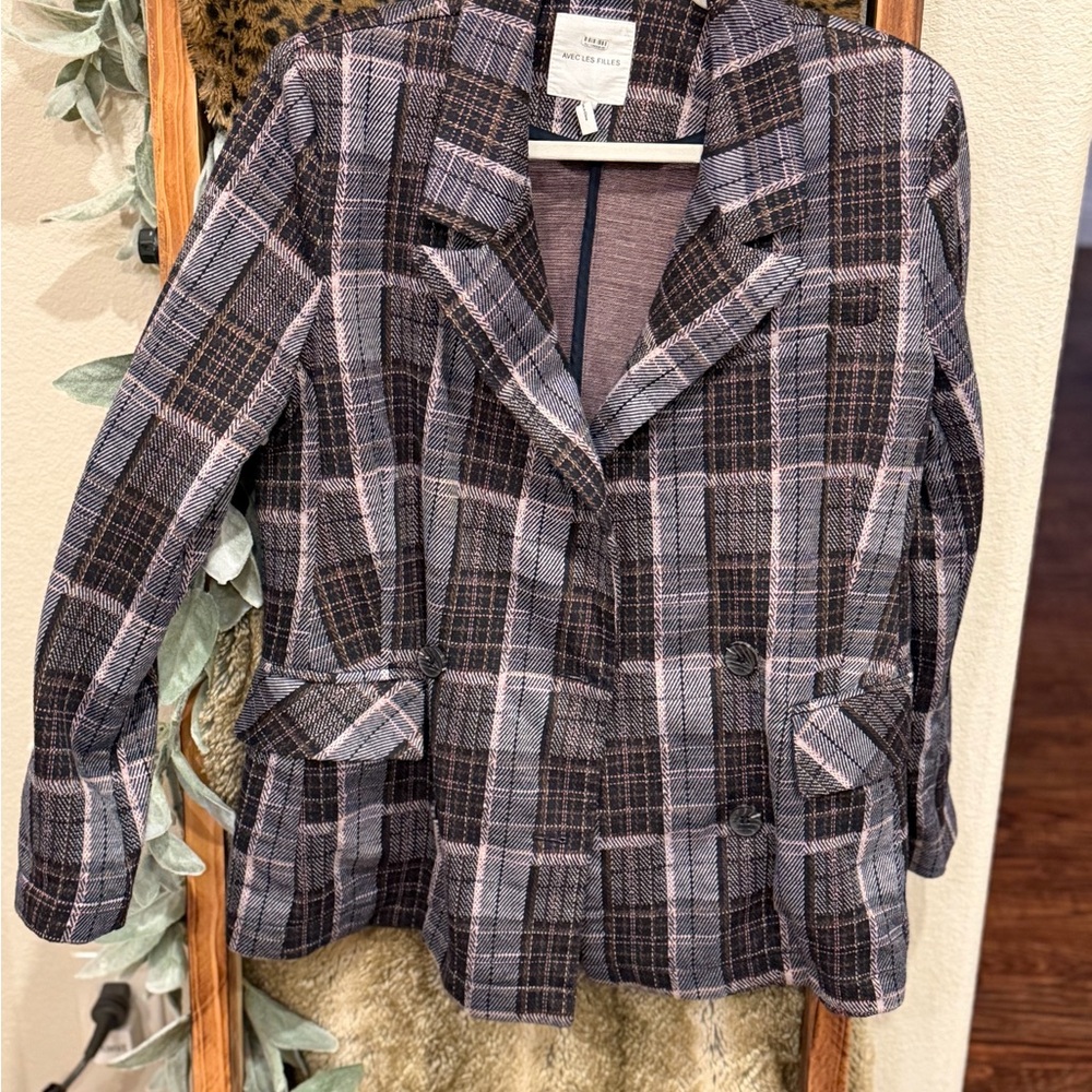Avec Les Filles Plaid Blazer Jacket in Black and Pink